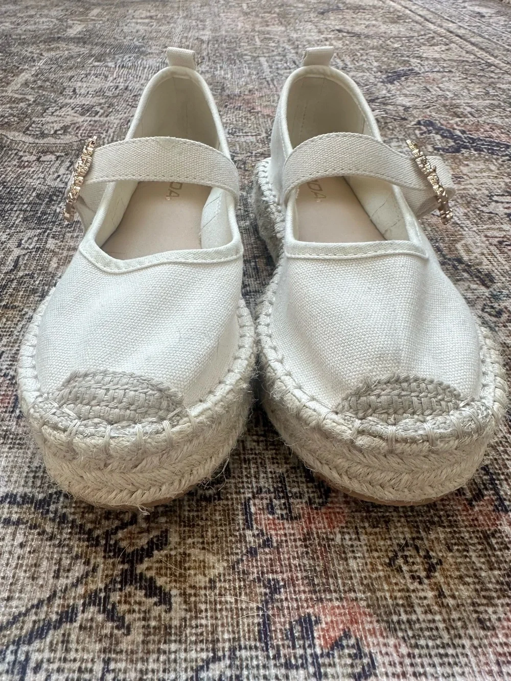 Women’s Cream Mary Jane Espadrille Flats with Gold Buckle